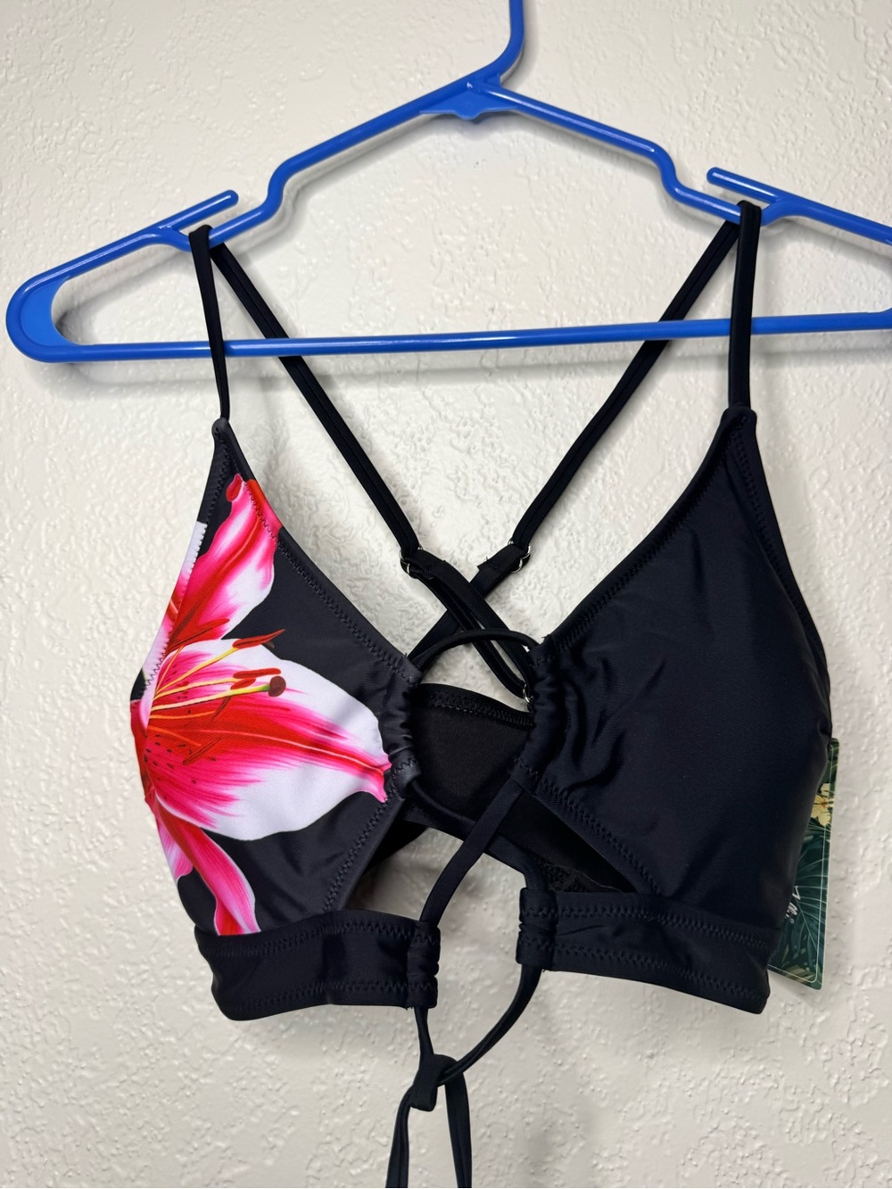 Black Floral Strappy Women's Bikini Top with Pink Lily Accent
